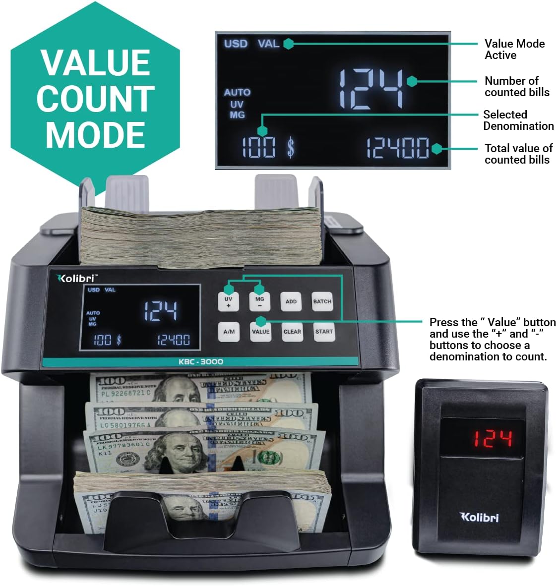 Kolibri KBC-3000 Money Counter with UV/IR Counterfeit Detection – Top Loading Bill Counting Machine w/ValuCount™, Add and Batch Modes – Fast Counting Speed 1,200 Notes/Min