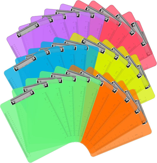 Plastic Clipboards, PANDRI 30 Pack Clear Colored Clipboards, Low Profile Clip Board 12.5 x 9 Inch Standard Letter Size, Office Supplies Classroom