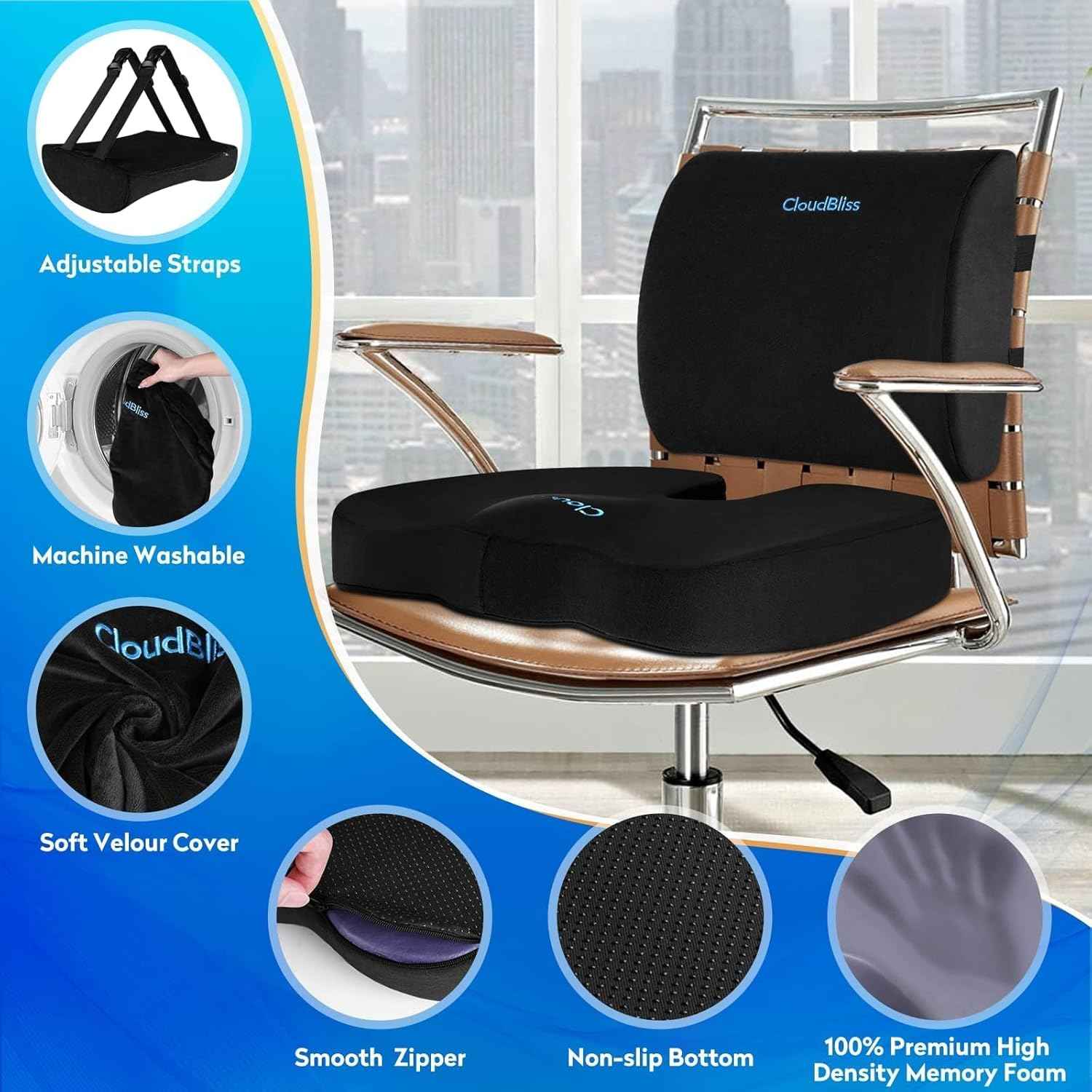 CloudBliss Lumbar Support Pillow & Seat Cushion Set for Office Chair, Desk Chair, Wheelchair & Car–Memory Foam Back Support,Ergonomic Chair Cushions,Sciatica Pain Relief,Home Essentials(Black,XL)