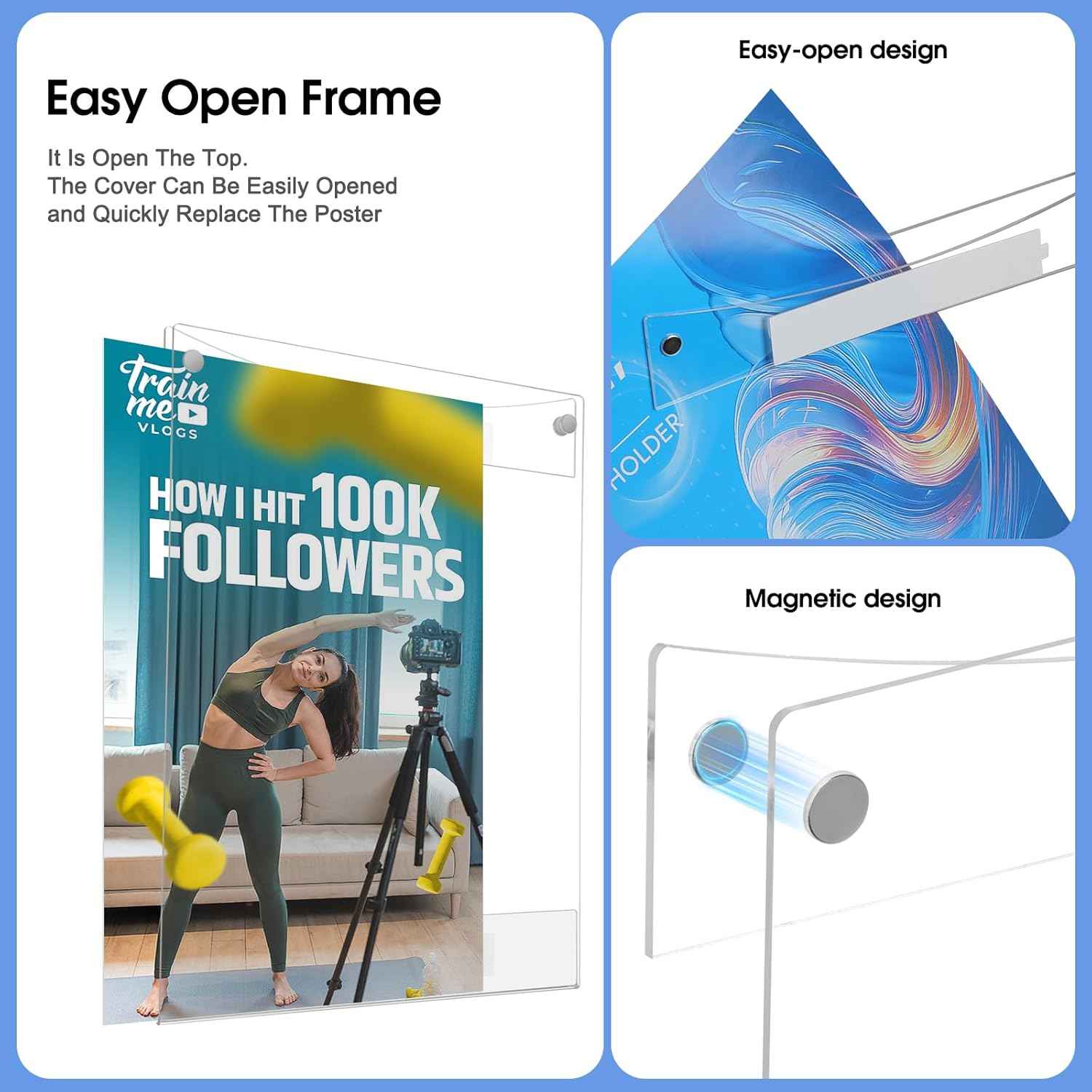 Acrylic Sign Holder 8.5 x 11 Wall Mount, Adhesive & Magnetic Back - Vertical or Horizontal Mount for Office, Classroom, Retail Displays on Glass, Doors, Wood, or Other Smooth Surfaces