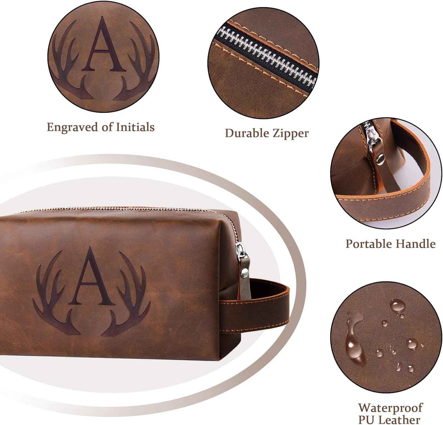 Mens Toiletry Bag Personalized Easter Fathers Day Birthday Gifts for Men Him Initial PU Leather Waterproof Shaving Bag for Toiletries Accessories Travel Essential for Dad Husband Boyfriend (M)