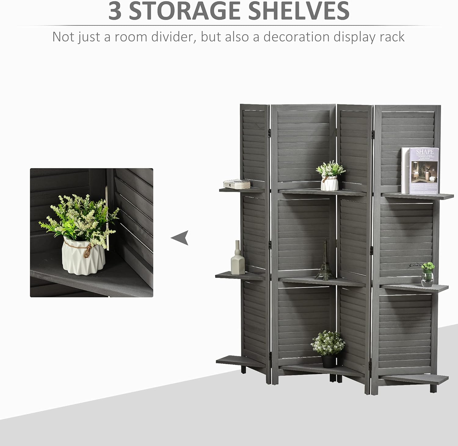NicBex Room Divider 4 Panel Room Dividers with Storage Shelves Partition Room Dividers and Folding Privacy Screens 5.6 FT Wall Divider for Home, Office, Room Separation,63.75"W x 0.75"D x 67"H, Gray - Lumora Desk