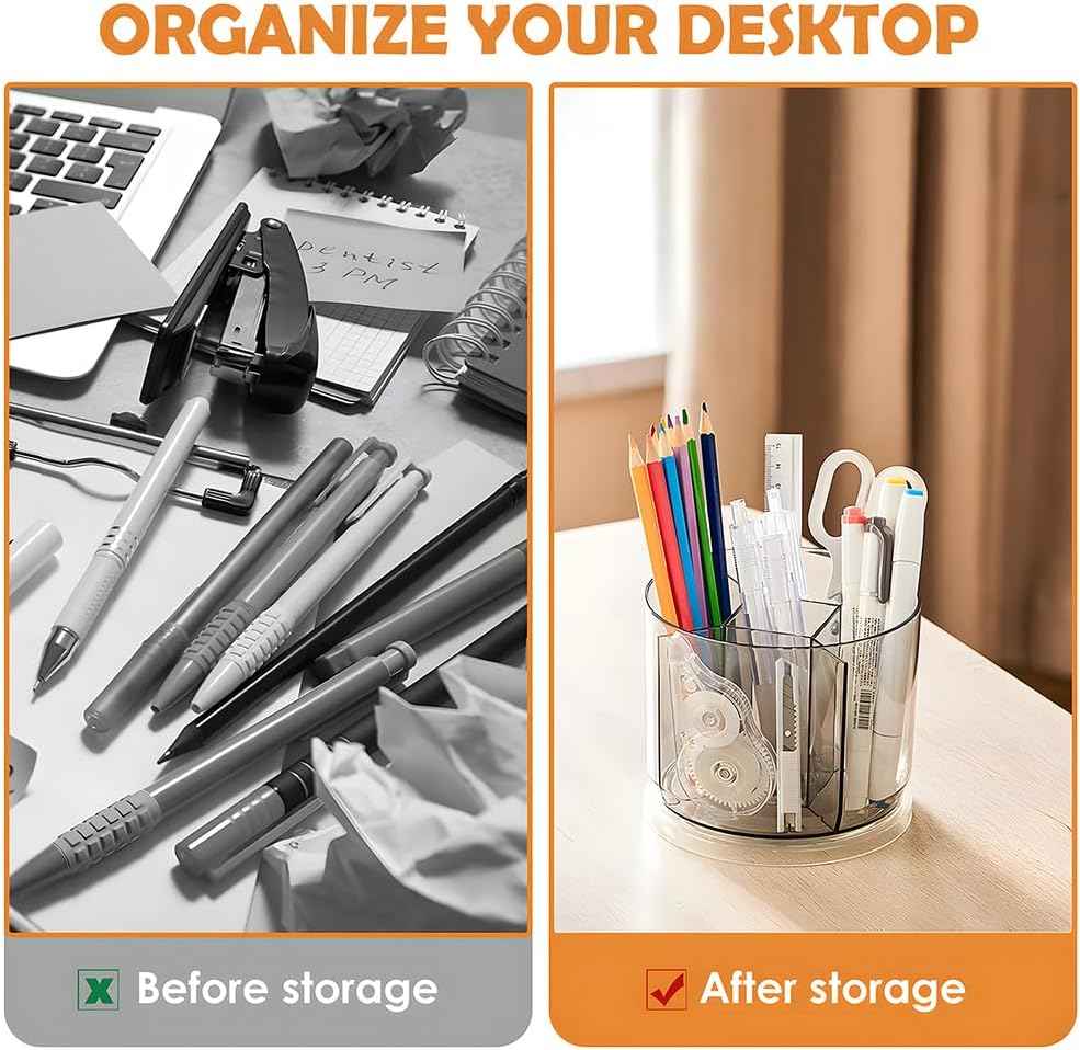 360 Degree Rotating Desk Organizer, Dual-Purpose Pencil Pen Holder, Rotating Desk Pen Organizer with 5 Compartments, Marker Caddy Pencil Cup for Office, Home, School (Clear)