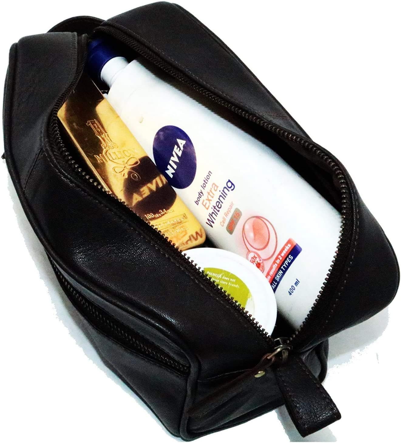 jaald Men's Large Genuine Black Luxury Leather Toiletry Bag Shower Kit Shaving And Grooming Bag For Travel Groomsmen Gift Men Women Hanging Zippered Makeup Bathroom Cosmetic Pouch Make Up Case