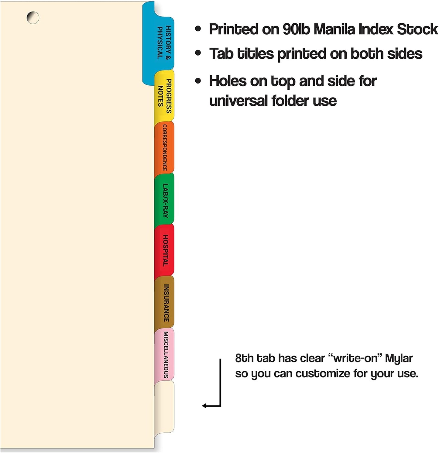 Doctor Stuff - Stock Medical Chart Fileback Divider Sets, 40 Sets of 8 Popular Healthcare Index Tabs, Side Tab, 8-1/2" x 11" with 1-3/4" top Flap Extension for Fasteners