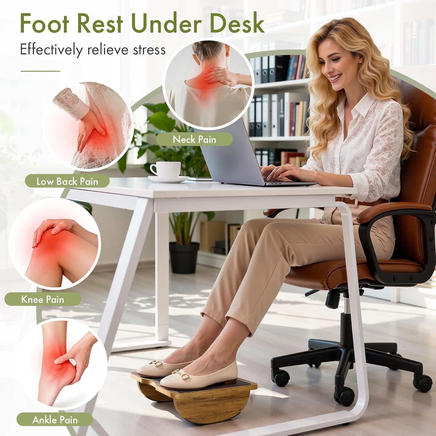 Ergonomic Wooden Footrest for Under Desk, Foot Rest with Anti-Slip Surface, Comfortable Desk Foot Stool for Office Home Gaming, Improve Posture & Promote Blood Circulation