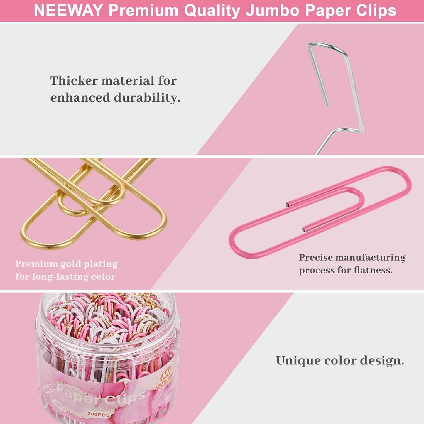 NEEWAY 200pcs Large Pink Paper Clips, 2 Inch Jumbo Paper Clip, Ceative Colored Paperclips for Paperwork Office School and Personal Use