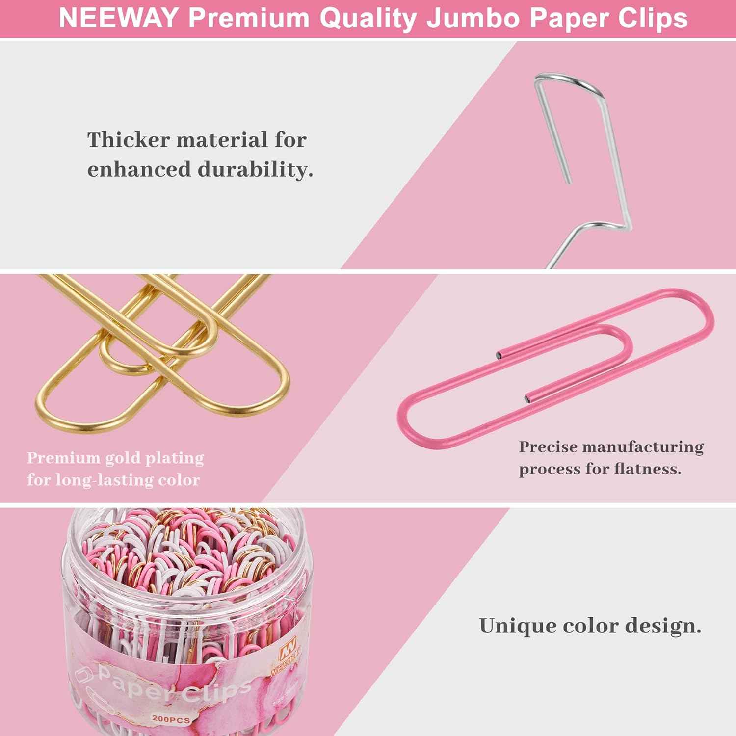 NEEWAY 200pcs Large Pink Paper Clips, 2 Inch Jumbo Paper Clip, Ceative Colored Paperclips for Paperwork Office School and Personal Use
