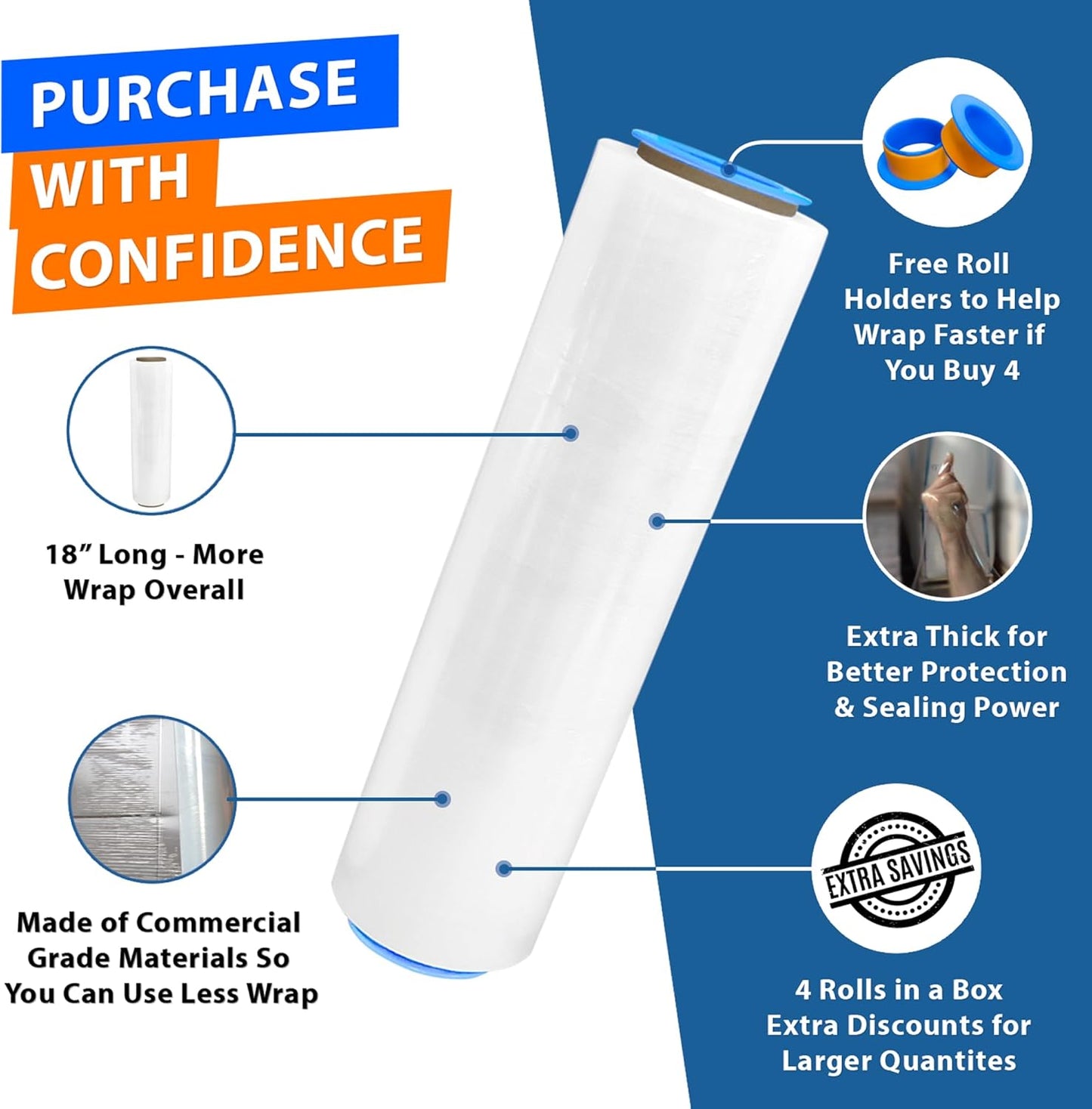4 Rolls x 18" x 1500 Feet x 80 Gauge Clear Commercial Grade Heavy Duty Plastic Stretch Film Shrink Wrap | Industrial Strength Durable | Shipping Moving Packing Logistics | Holder Included