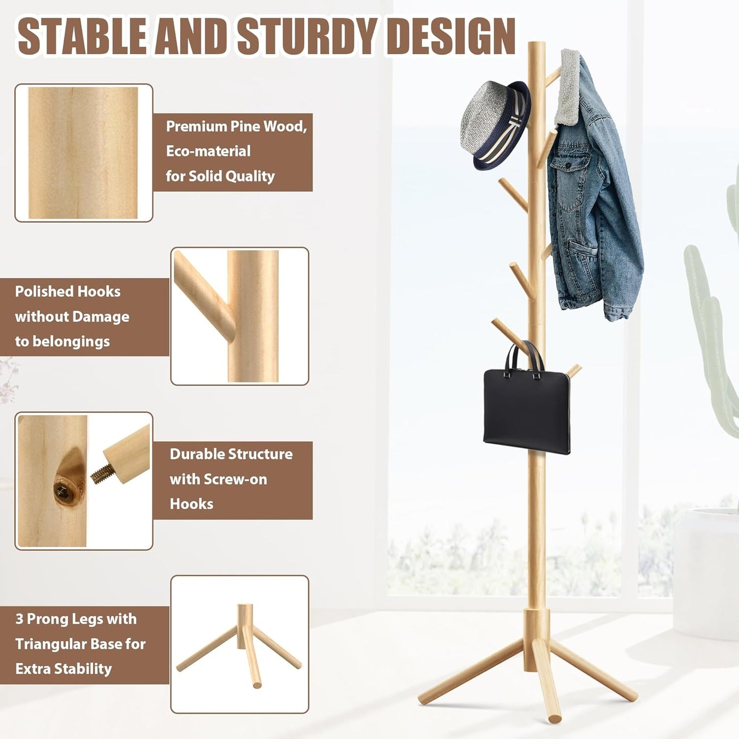Haddockway Wooden Coat Rack Stand with 8 Hooks New Zealand Pine 3 Adjustable Coat Standing Tree Easy Assembly for Coats, Hats, Scarves and Handbags for Entryway, Hallway, Bedroom, Office - Lumora Desk