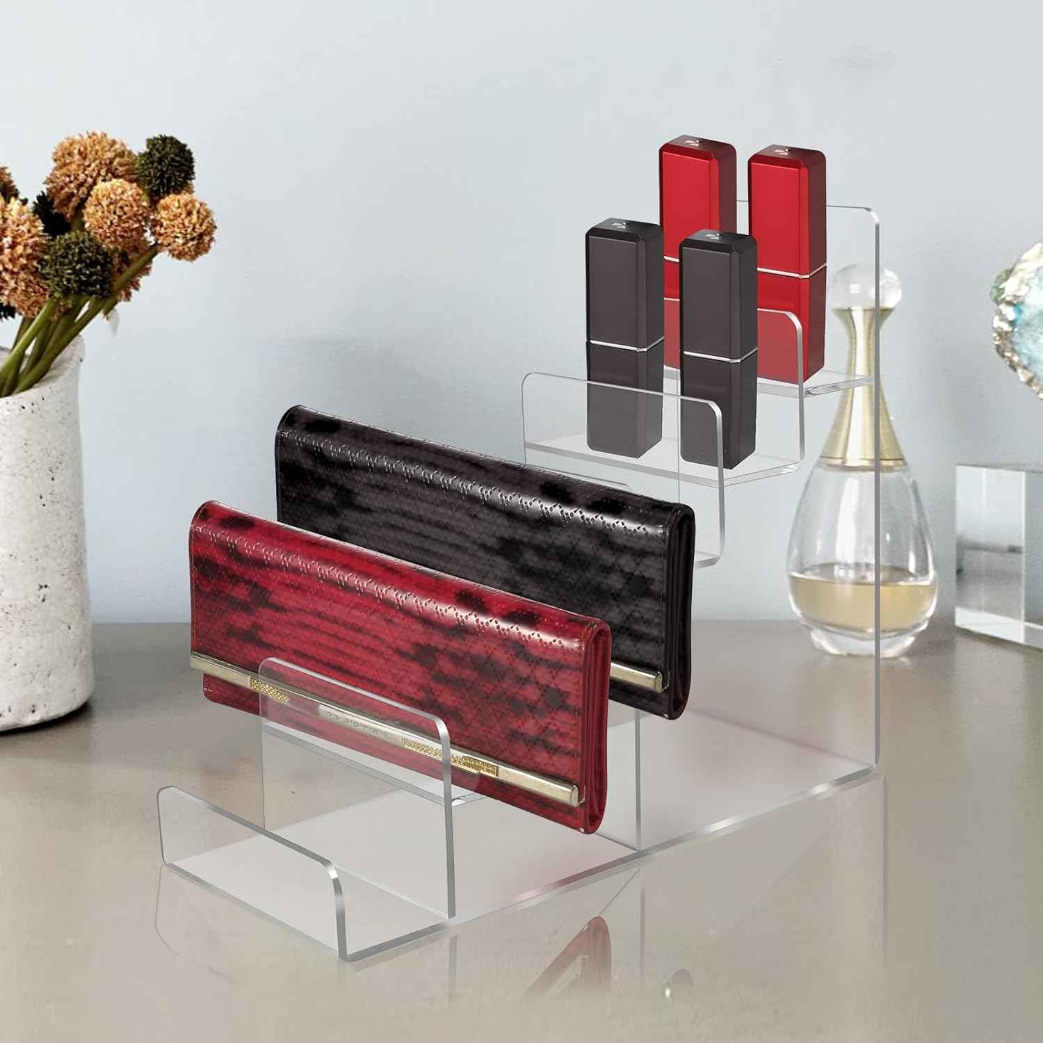 Acrylic Wallet Display Stand Purse Handbag Organizer, Clear Jewelry Riser Display Stand Purse Display Rack, Acrylic Display Shelf for Cosmetic Perfume Jewelry Sunglasses Handbag (2 PCS-4 Tier)