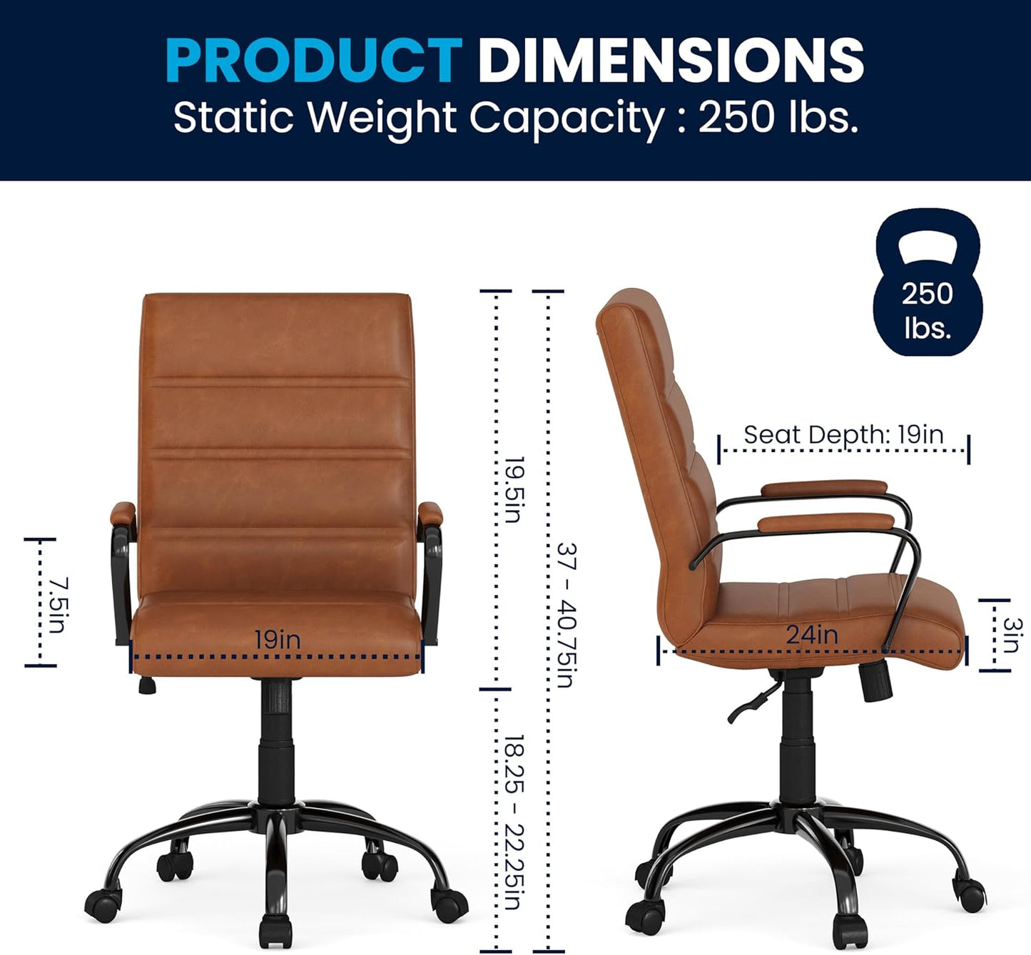Flash Furniture Whitney Mid-Back Swivel Leather Desk Chair with Padded Seat and Armrests, Adjustable Height Padded Leather Office Chair, Brown/Black