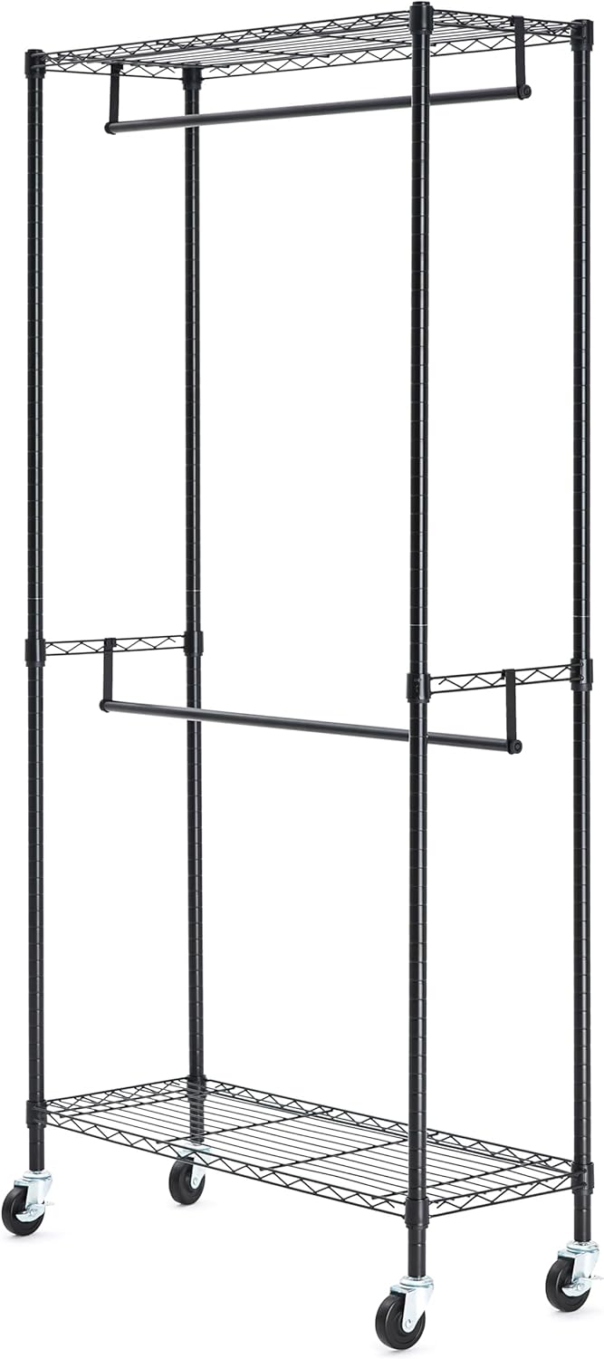 Amazon Basics Adjustable, Double Hanging Rod Garment Rolling Closet Organizer Rack with Wheels, Heavy Duty, Black, 36'' x 14'' x 72'', WI-GAR1436B - Lumora Desk