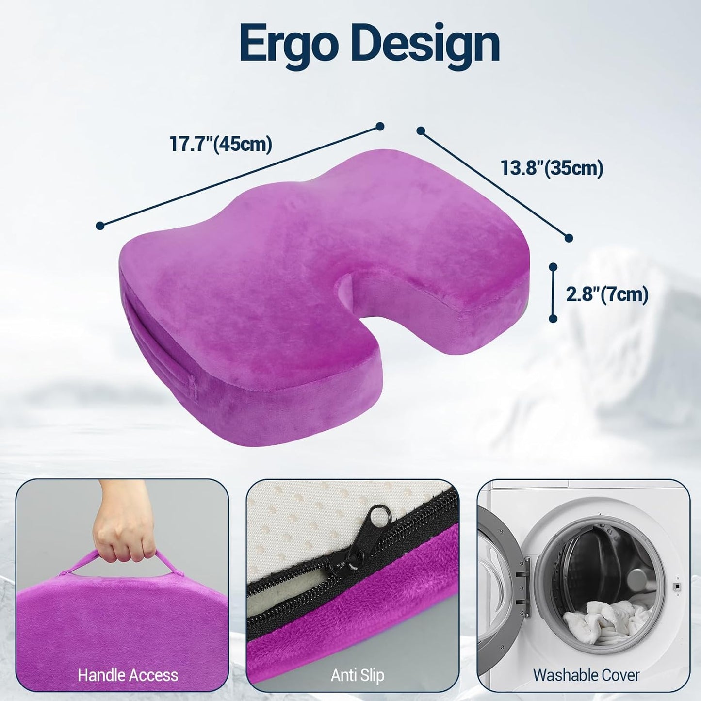 Gel Seat Cushion for Car Office - Memory Foam Pain Relief Chair Pillow Cushions - Tailbone Sciatica Coccyx Butt Lumbar Support Pad for Sitting Driving Traveling, Velvet, Purple