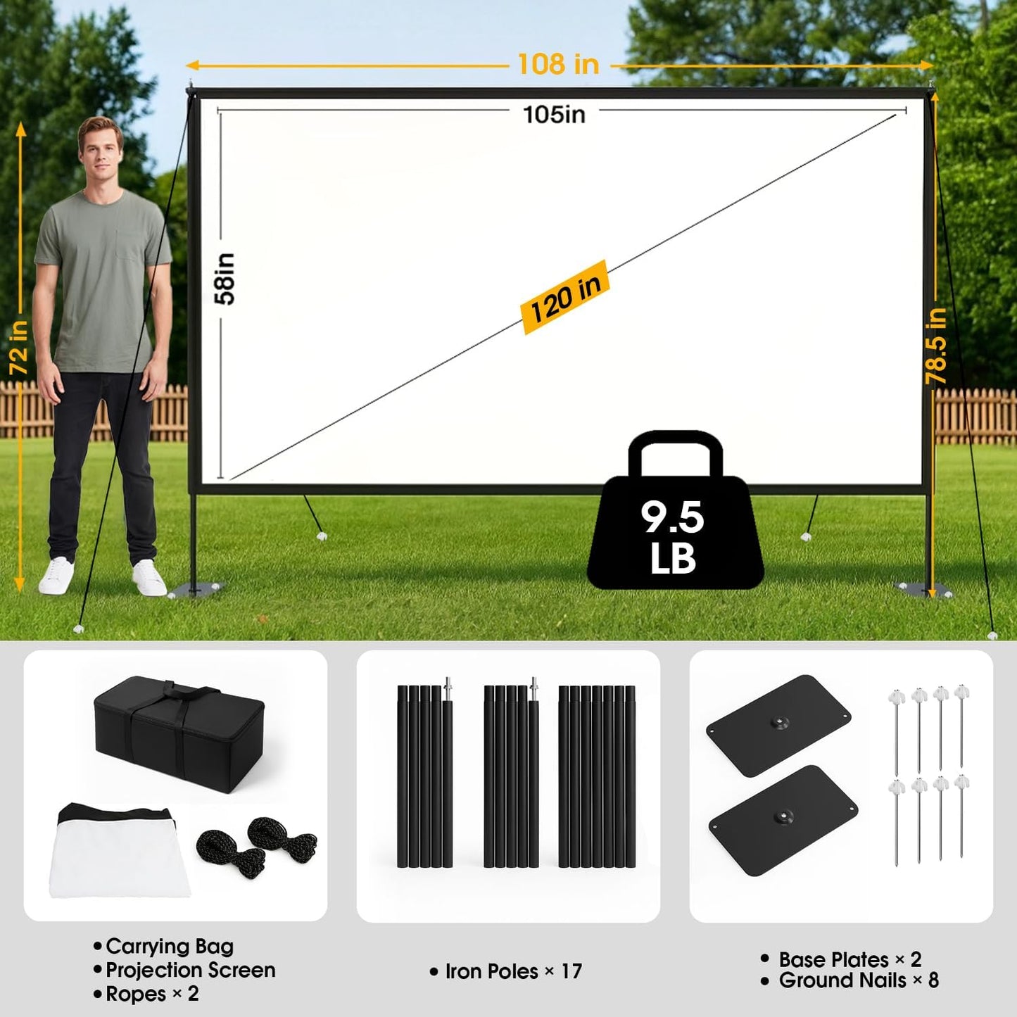 Outdoor Projector Screen with Stand, 120 inch Portable Projection kit 16:9 4K HD Wrinkle-Free Indoor Outdoor Movie Screen with Carry Bag for Home Theater and Backyard Movie Night