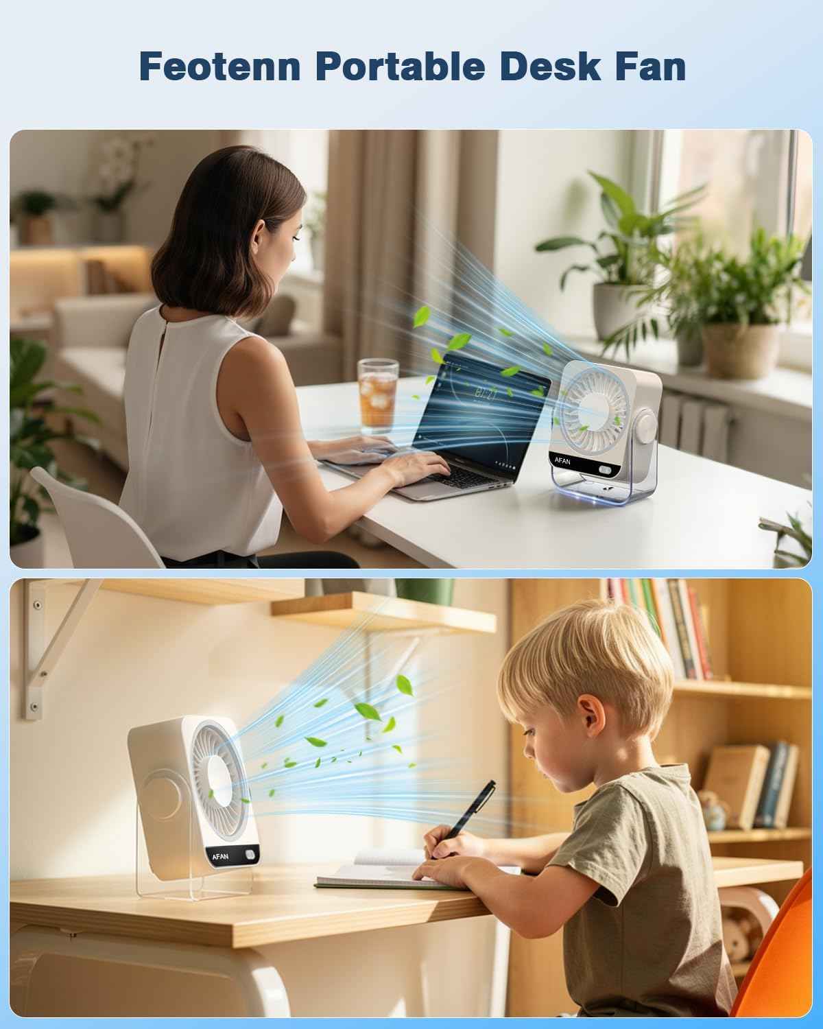 Small Desk Fan, Rechargeable USB Portable Fan, 199 Speeds, 5000mAh 18-Hour Battery, 120° Adjustable Tilt, Quiet Cooling Fans for Home Office Desktop Bedroom Kitchen Camping Travel Essentials (White)