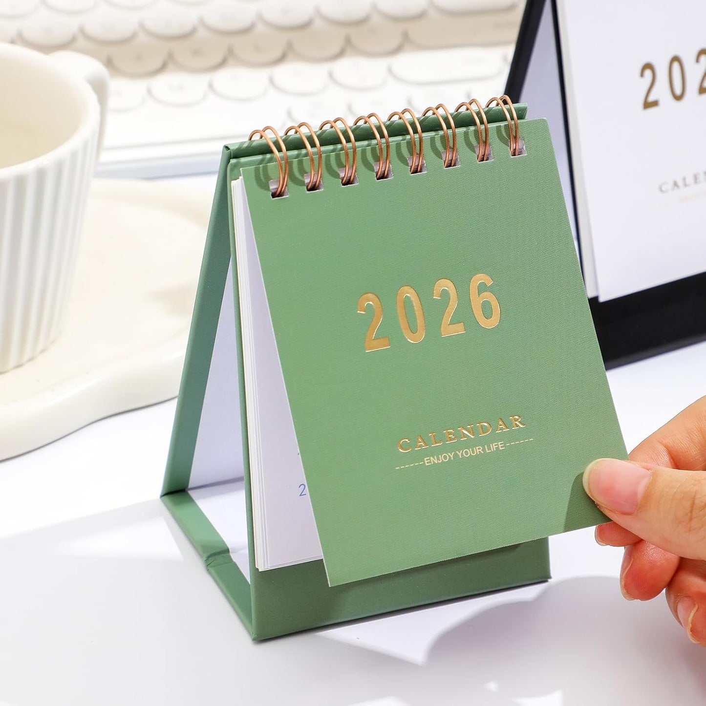 Mini Desk Calendar 2025-2026 - Runs From July 2025 until Dec 2026 Monthy Small Desktop Calendar 250 GSM Thick Paper Twin-Wire Binding for Home or Office (Green)