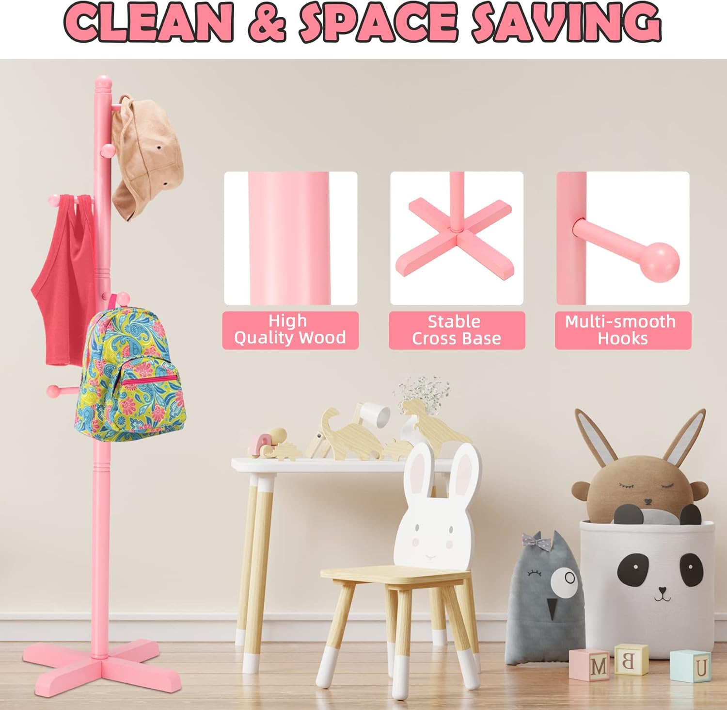 Kids Coat Rack, Freestanding Coat Racks with 8 Hooks 2 Adjustable Height, Tree Coat Rack for Bedroom, Hallway, Entrance, Office, Hats, Handbags,Purse (Pink) - Lumora Desk