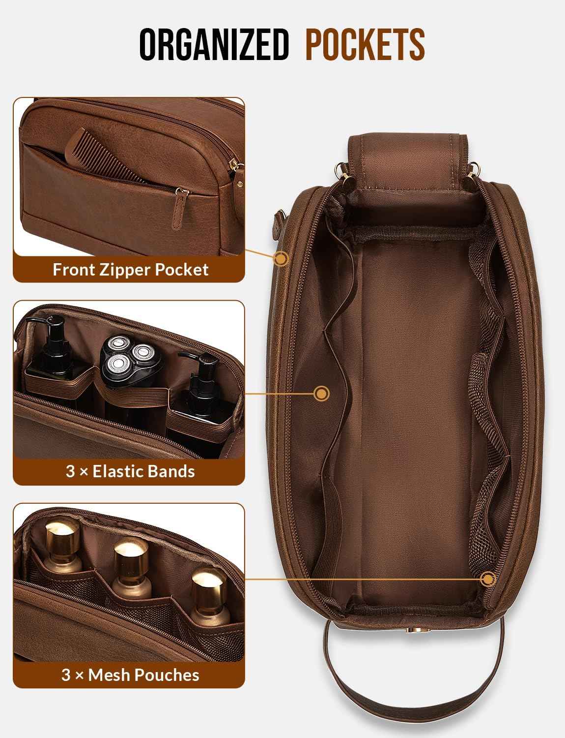 PU Leather Toiletry Bag for Men - Water Resistant Travel Bag for Toiletries, Bathroom Essentials, Accessories - Brown