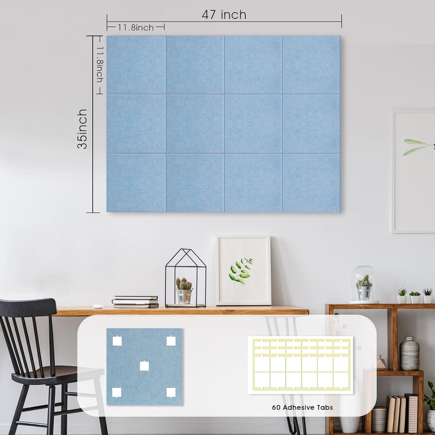 Large Cork Board for Office Wall Decor,48"x36"-12 Pack Felt Wall Tiles with 35 Push Pins, Thicker 0.47in, Felt Bulletin Board Pin Board Cork Boards for Walls - Light Blue