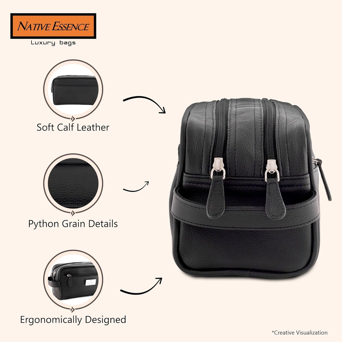 NATIVE ESSENCE Leather Toiletry Bag, Black Genuine Calf Leather Travel Bag, Handmade Cosmetic Pouch, Luxury Shaving Bag, Bathroom Organizer, Stylish Grooming Kit for Men and Women Gift Packed