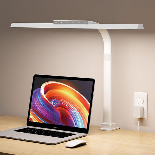 LED Desk Lamps for Home Office, 24W Bright Eye-Caring Desk Light with Clamp, Stepless Dimming Adjustable Flexible Gooseneck Clip on Office Lamp with Adapter for Reading, Study, Workbench,White - Lumora Desk