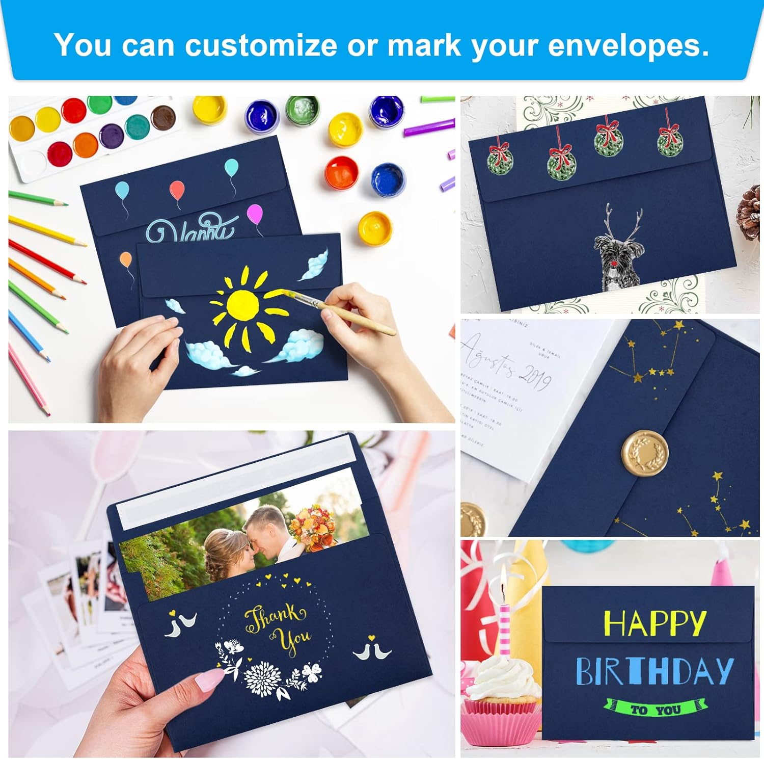 50 Pack 5x7 Envelopes - Self Seal for Invitations, Weddings, Photos & Greeting Cards (Navy Blue) - Lumora Desk
