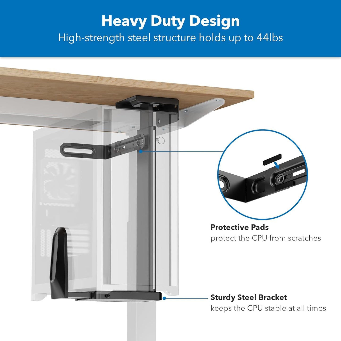 Mount-It! CPU Under Desk Mount Bracket, Height Adjustable Heavy Duty Computer Tower Wall Mount, 44 lbs Weight Capacity, Adjustable Width Computer Case Holder Installation Under Desk or On Wall, Black