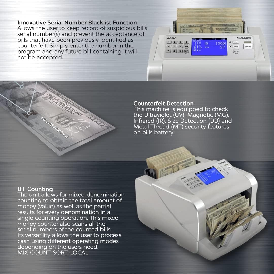 USD EUR CAD GBP MXN Money Counter Machine, Quick Mixed Denomination Bill Counter, Counterfeit Detection UV/MG/IR/DD/MT/DBL/HLF/CHN, with Printer Included, S6500