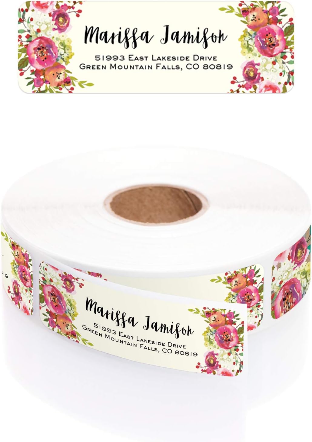 Vibrant Floral and Ivory Rolled Address Labels/Roll of 500 Personalized Address Labels/Designer Return Address Stickers in Elegant Plastic Dispenser - Lumora Desk