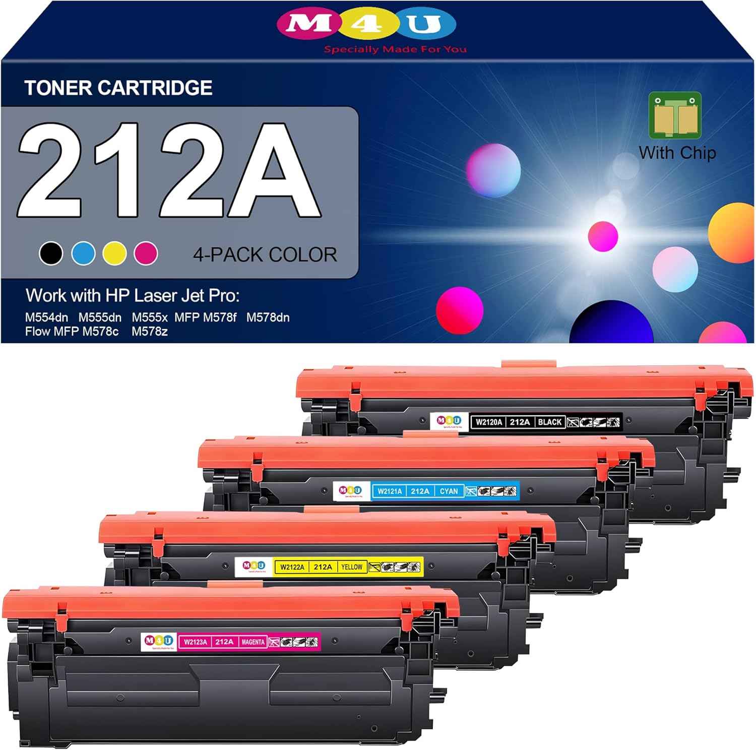 212A Toner Cartridges 4 Pack Remanufactured(with Upgraded Chip) Replacement for 212A 212X for Color Enterprise M554 M555 Color Enterprise MFP M578 Series Printer (Black Cyan Yellow Magenta)