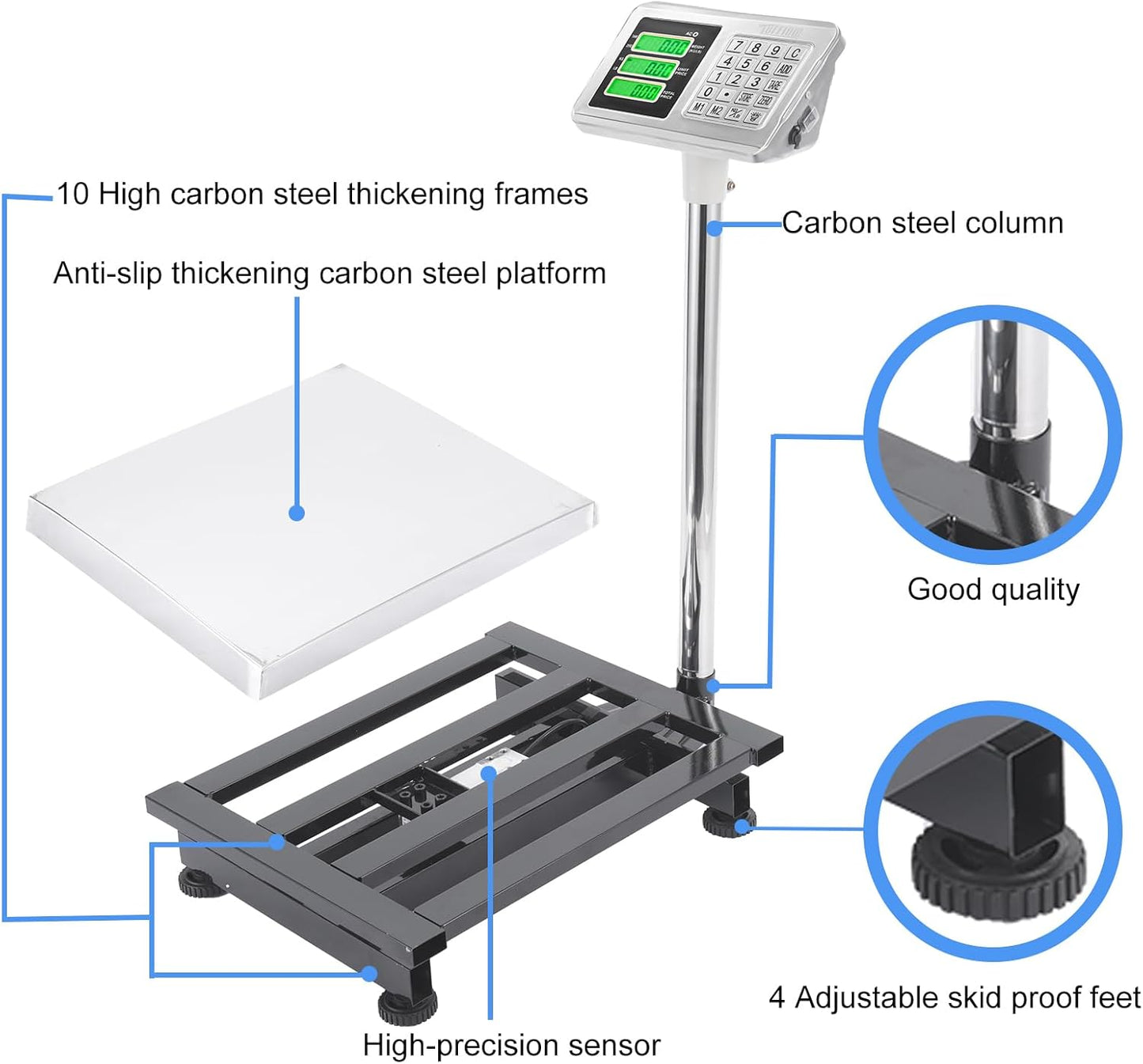 TUFFIOM 661lbs Weight Electronic Platform Scale,Stainless Steel High-Definition LCD Display,Digital Floor Heavy Duty Scales,Perfect for Luggage Package Price Computing Postal Shipping Mailing - Lumora Desk