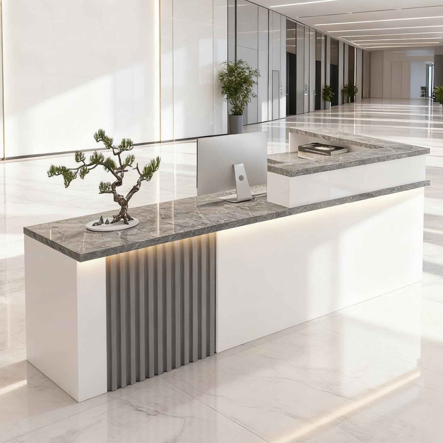 Modern Reception Desk with Counter and Drawer, Front Desk Reception Counter for Office, Salon, Retail Store, Beauty Shop, Receptionist Table with Lockable Storage (White Gray - Left, L 160cm/63in)