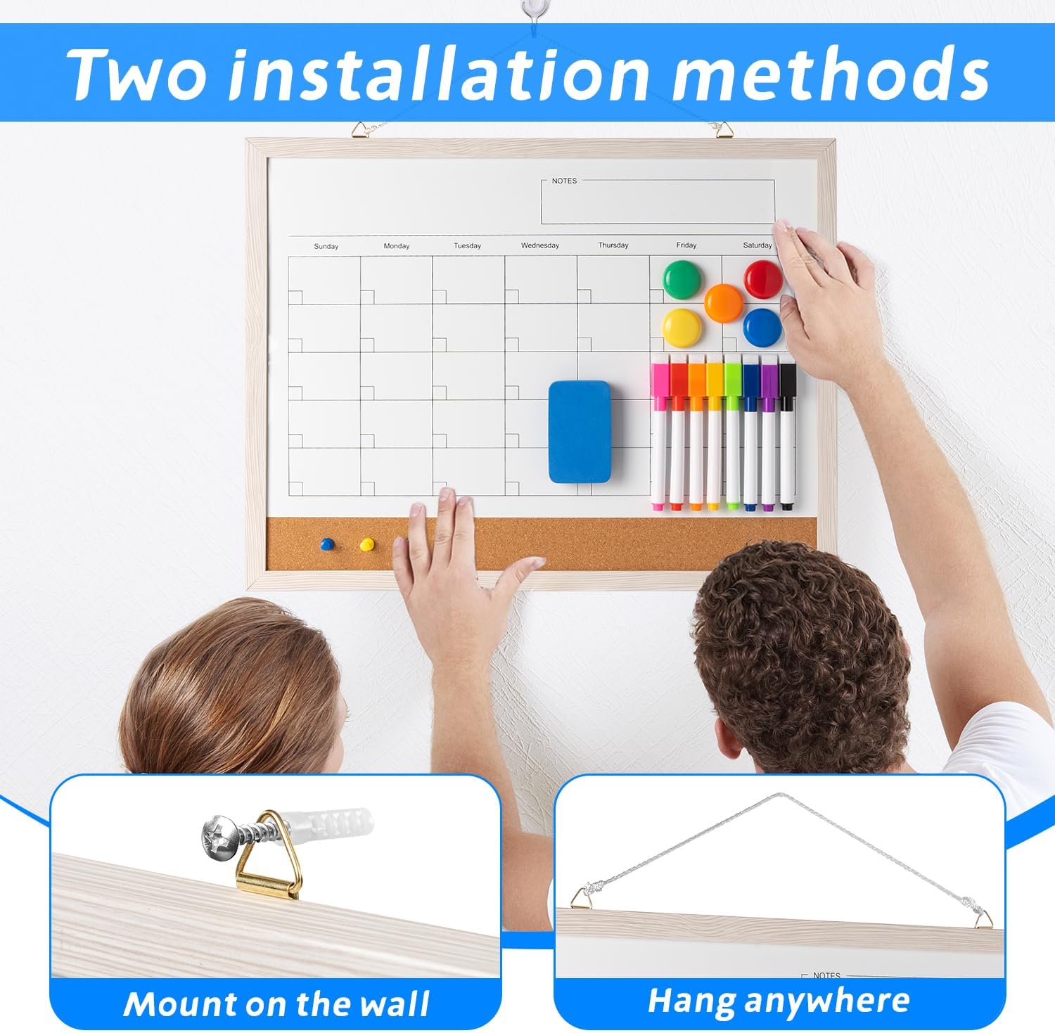 Dry Erase Calendar Whiteboard, 17" x 13" Magnetic Whiteboard Cork Board Combo, Reusable Monthly Planner with 8 Markers, Eraser, Magnets and Pushpins, Hanging Dry Erase Board for Home, School - White - Lumora Desk