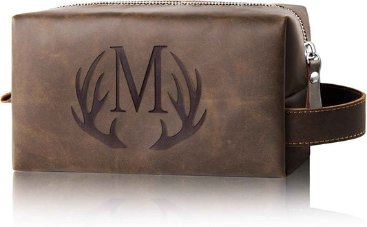 Mens Toiletry Bag Personalized Easter Fathers Day Birthday Gifts for Men Him Initial PU Leather Waterproof Shaving Bag for Toiletries Accessories Travel Essential for Dad Husband Boyfriend (M)