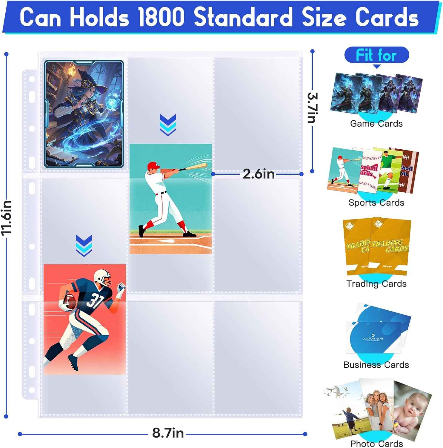 Tioplior Trading Card Sleeve Pages,9 Pockets Double Sided Binder Sheets for 3 Ring Binder,Hold 1800 Cards Fit for MTG,TCG,Baseball,Sports Standard Cards (100)