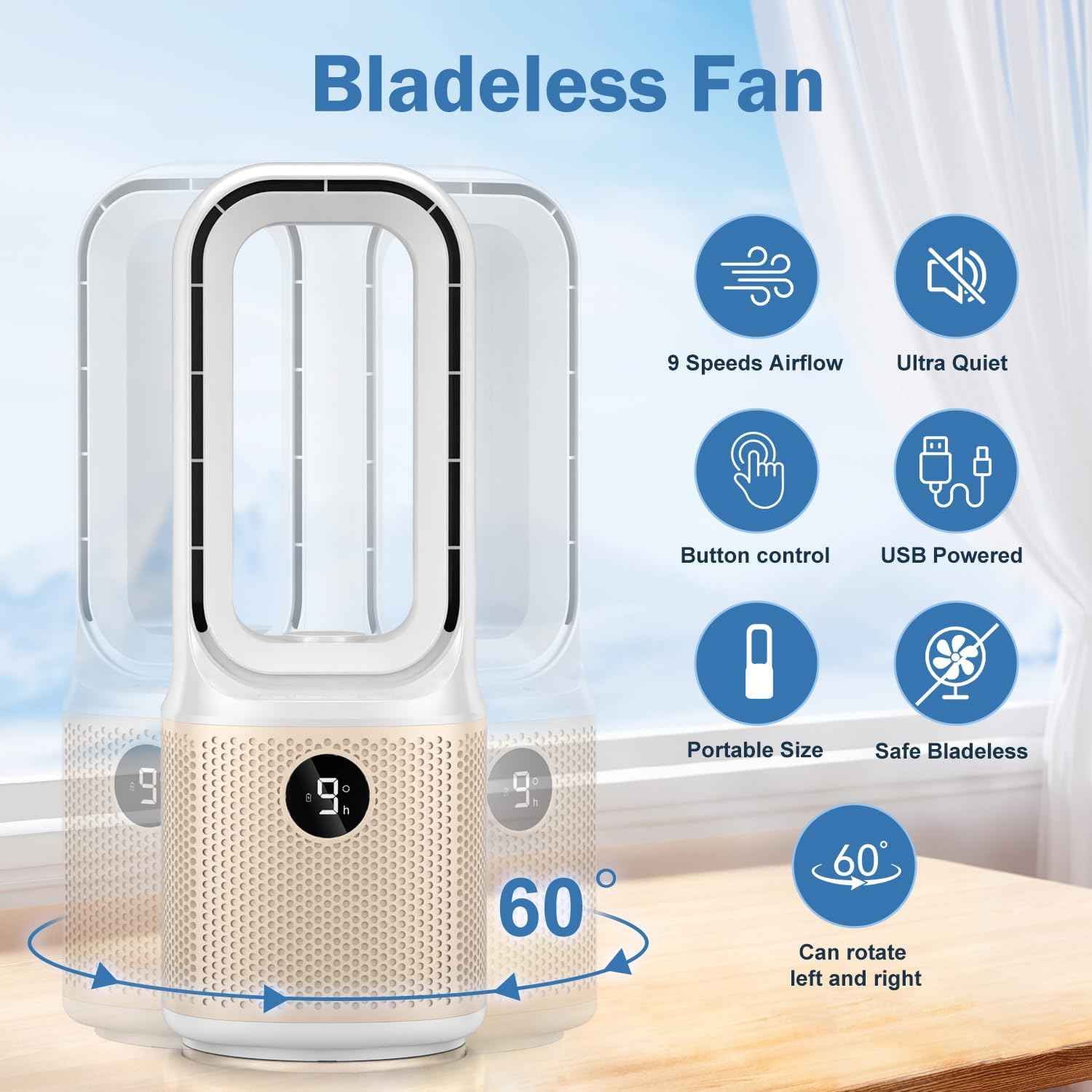 Small Bladeless Desk Fan Quiet, 14 Inch USB Rechargeable Table Fan with 5000mAh Battery, 60° Oscillating 9 Speeds Touch Control, 3 Light Modes, Mini Portable Fan for Office Bedroom Living Room