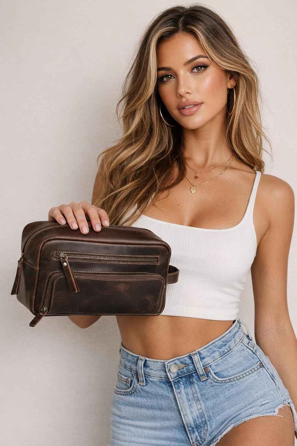 Leather Toiletry Bag for Women, Cosmetic Bag, Dopp Kit, Dark Brown, 10 x 4 x 5.5 Inch, Premium Vintage