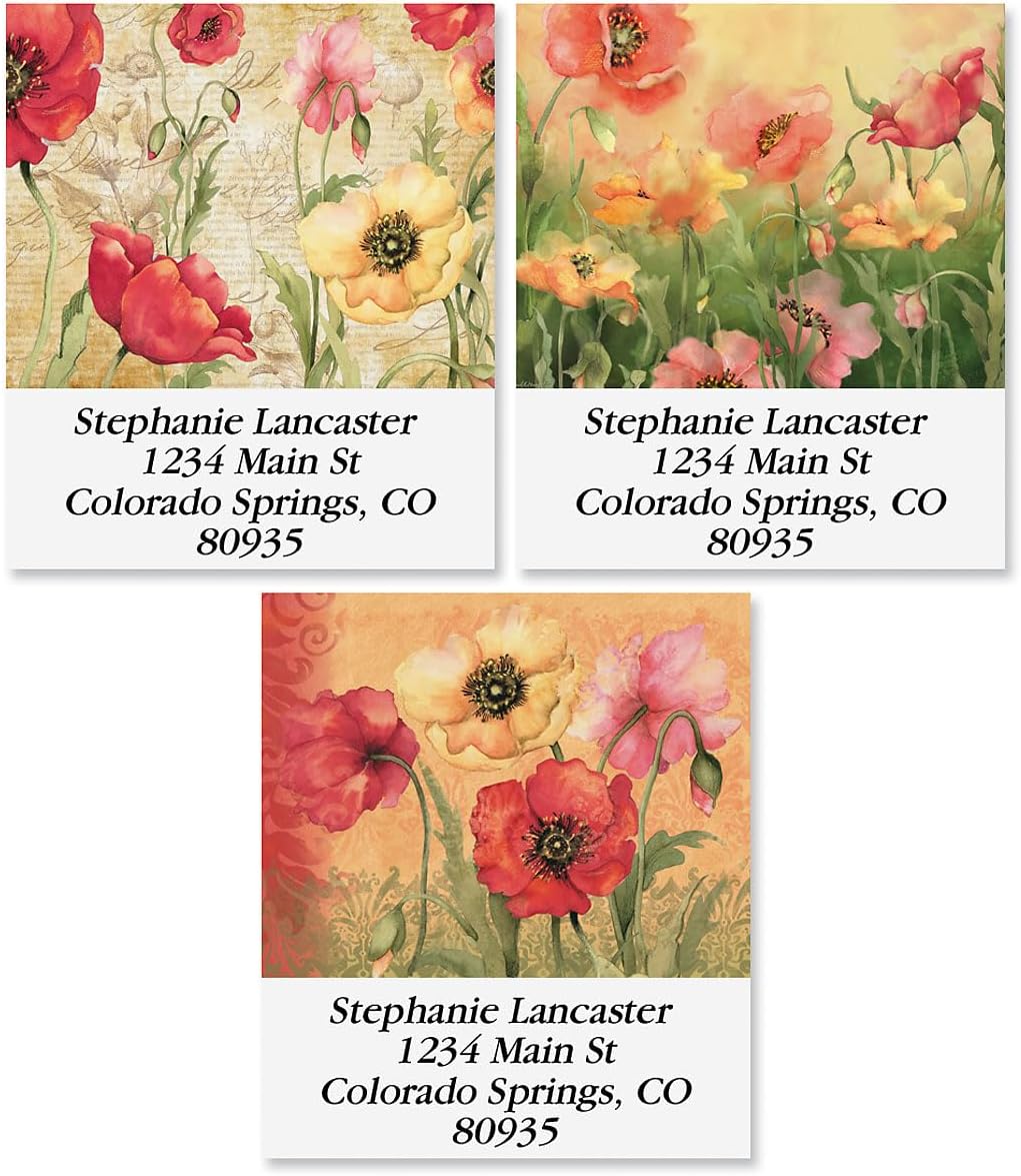 Colorful Images Poppies Floral Return Address Mailing Labels, Personalize with Name & Address, Set of 144 Self Adhesive, Easy Peel Flat Label Sheets, Square, 3 Designs - Lumora Desk