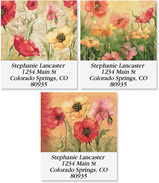 Colorful Images Poppies Floral Return Address Mailing Labels, Personalize with Name & Address, Set of 144 Self Adhesive, Easy Peel Flat Label Sheets, Square, 3 Designs - Lumora Desk