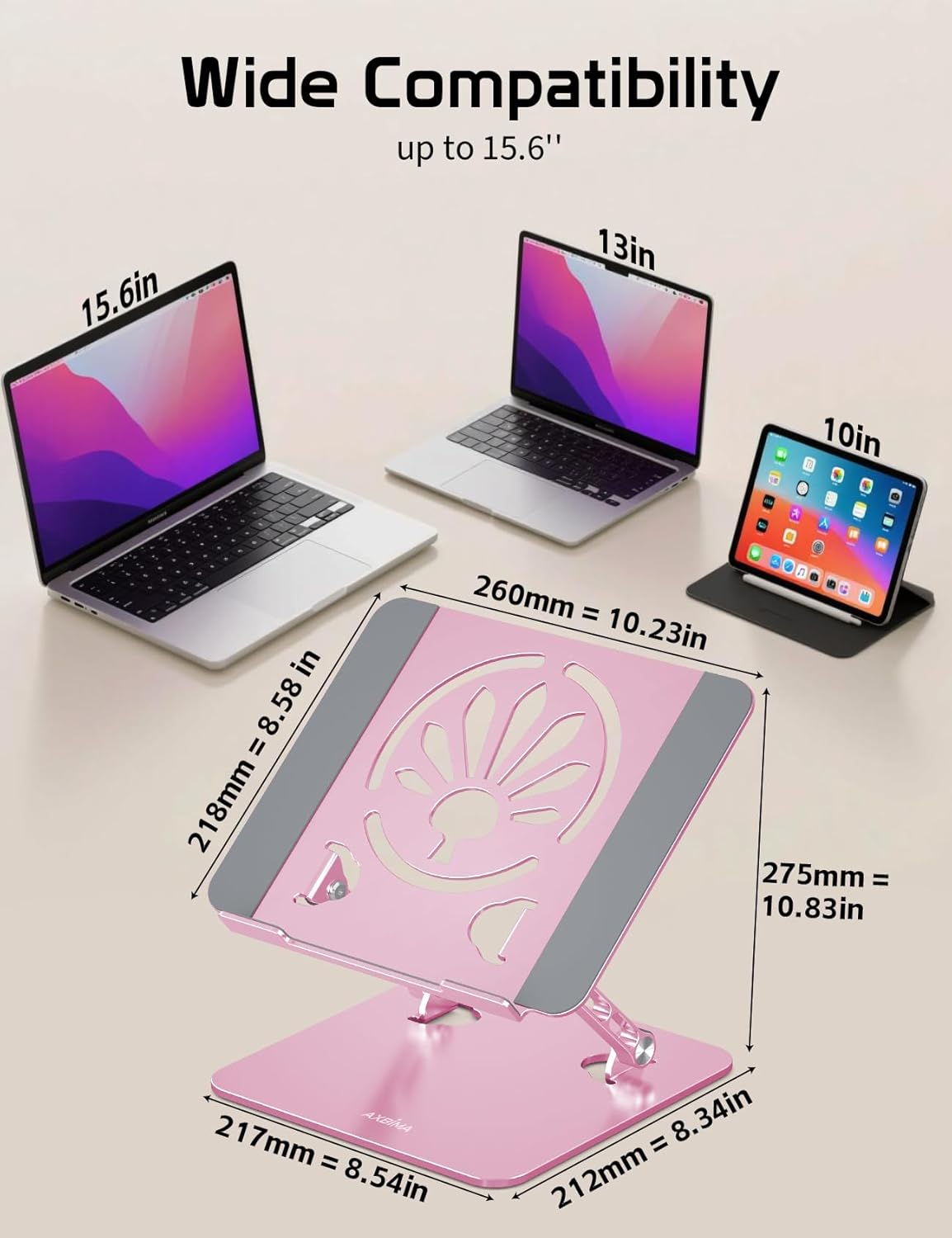 Aluminum Laptop Stand Adjustable Height & Angle | Ergonomic Riser for MacBook, Notebook & Tablet | Foldable, Portable, Ventilated Design for Office, Home, Travel – Fits 10"-15.6" Devices,Pink