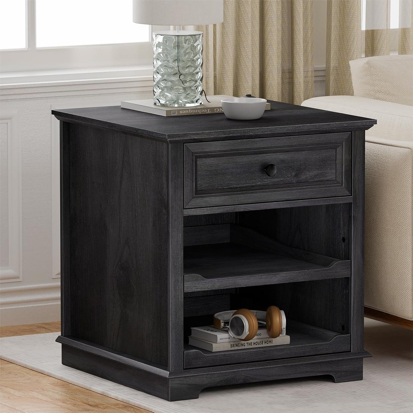 Lateral File Cabinet 3 Drawer File Cabinet with Charging Station, Printer Stand with Open Adjustable Storage Shelves, Lateral Filing Cabinet for Home Office, Black