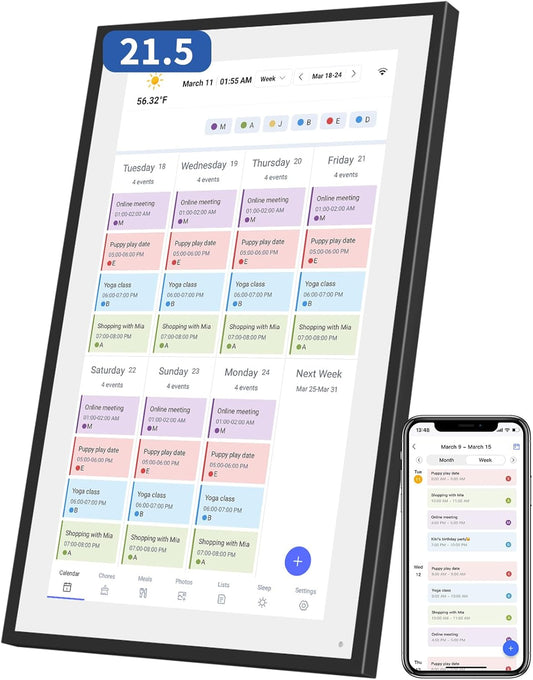 21.5 Inch Digital Calendar, Electronic Chore Chart, Smart Weekly and Monthly Planner 1920 * 1080P IPS Touchscreen Wall and Desk Calendar for Family Schedules, Black