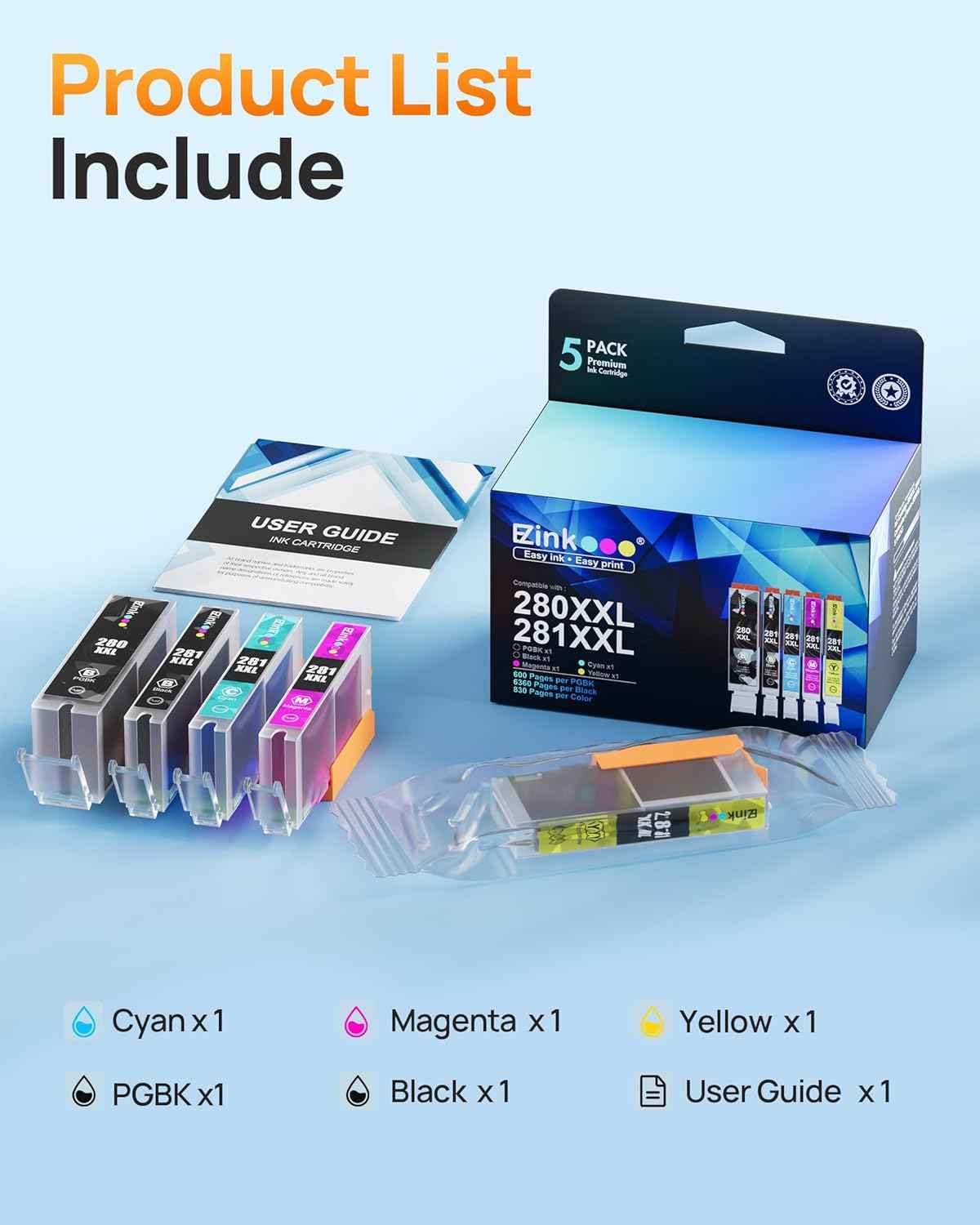 E-Z Ink Compatible Tr8620a Ink Cartridge Replacement for Canon PGI-280XXL CLI-281XXL 280 XXL 281 XXL Compatible with TR8520 TR8620a TR8620 TS702a TS9520 TS9521C TR8520 TS6220 TS6320 TS8220 (5 Pack)