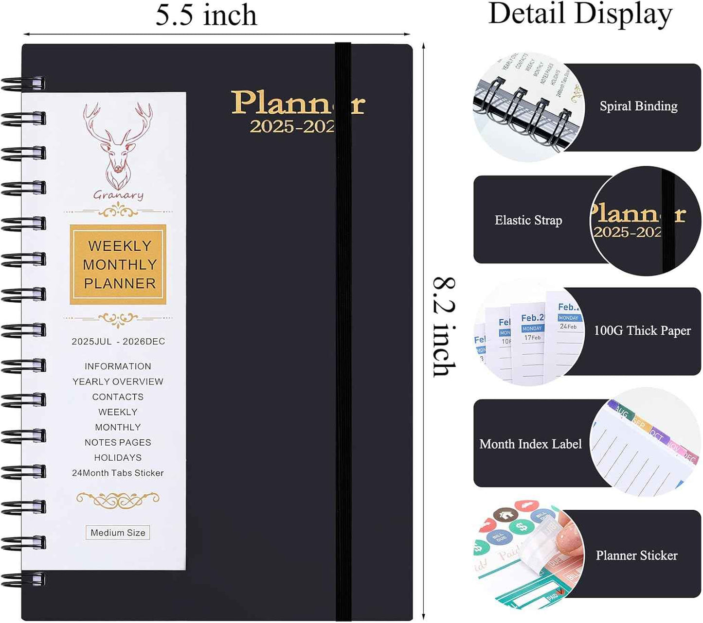Daily Planner 2025-2026, Weekly and Monthly Planner 2025-2026 Academic Year, July 2025-December 2026 Calender Planner, 8.2"×5.5", 18 Months (JUL.2025-DEC.2026 Black)