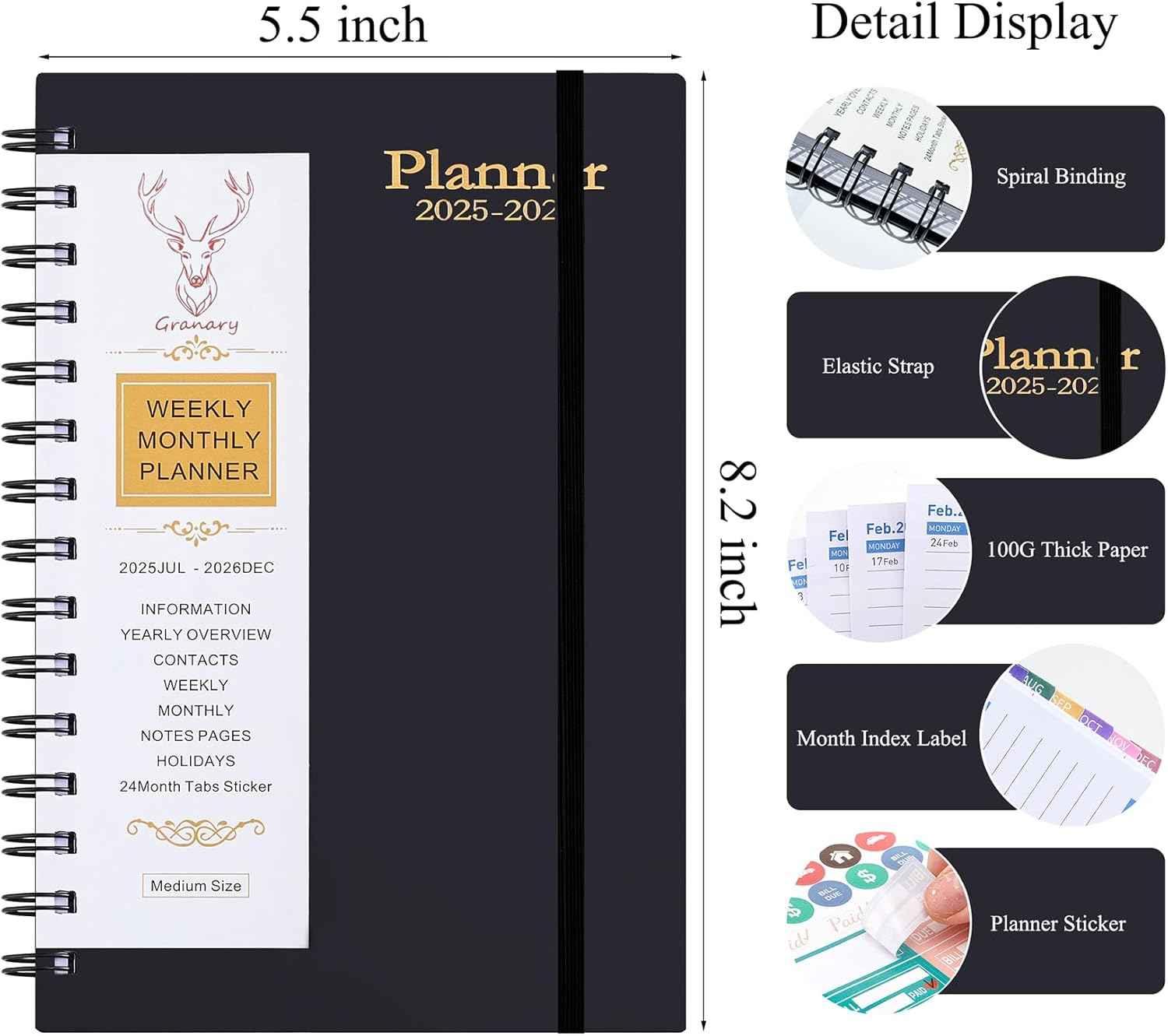 Daily Planner 2025-2026, Weekly and Monthly Planner 2025-2026 Academic Year, July 2025-December 2026 Calender Planner, 8.2"×5.5", 18 Months (JUL.2025-DEC.2026 Black)