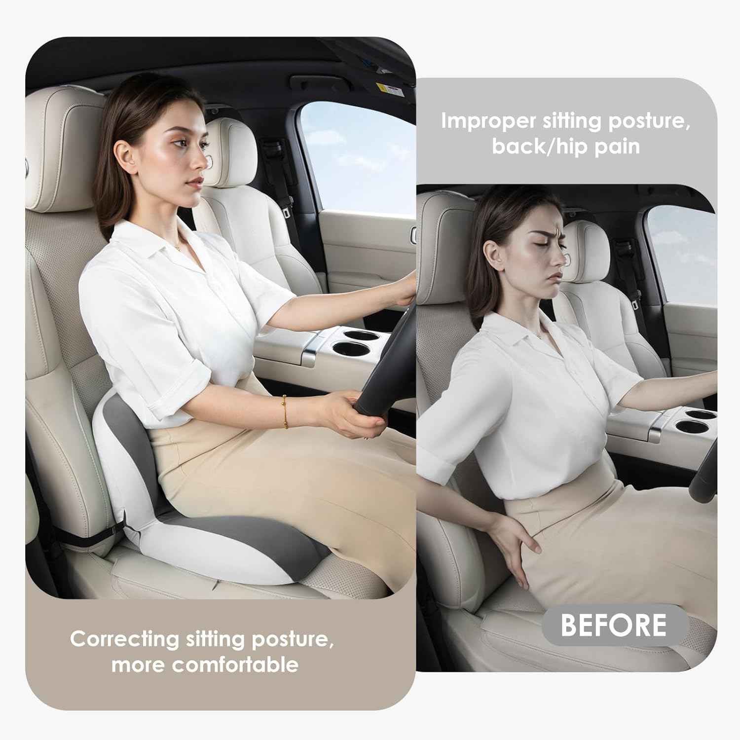 FLORICH Memory Foam Truck Seat Cushion,Car Seat Cushion and Lumbar Support Pillow for Office Chair, Ergonomic Back Support & Sciatica Relief for Long Drives(Beige Grey)
