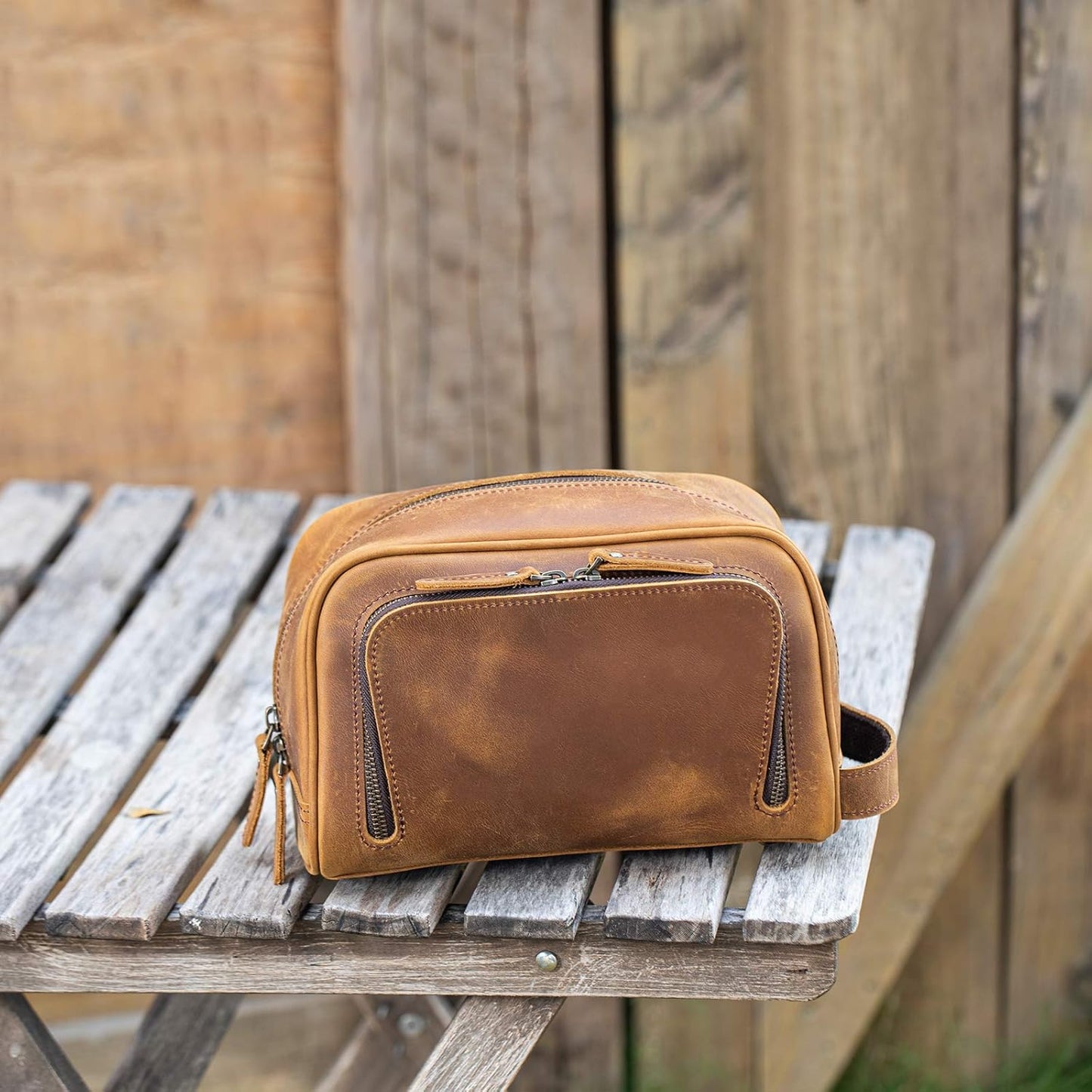 Polare Vintage Full Grain Leather Handmade Travel Toiletry Bag for Men - Dopp Kit - Shaving Kit with YKK Metal Zippers A-Brown