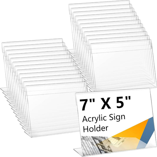 Vicenpal 24 Pcs 7x5 Inch Clear Acrylic Sign Holder Plastic L-shape Vertical Menu Stand, Picture Photo Frames, Table Paper Holder, Flyer Sign Display Stand for Restaurants, Store, Office, Wedding