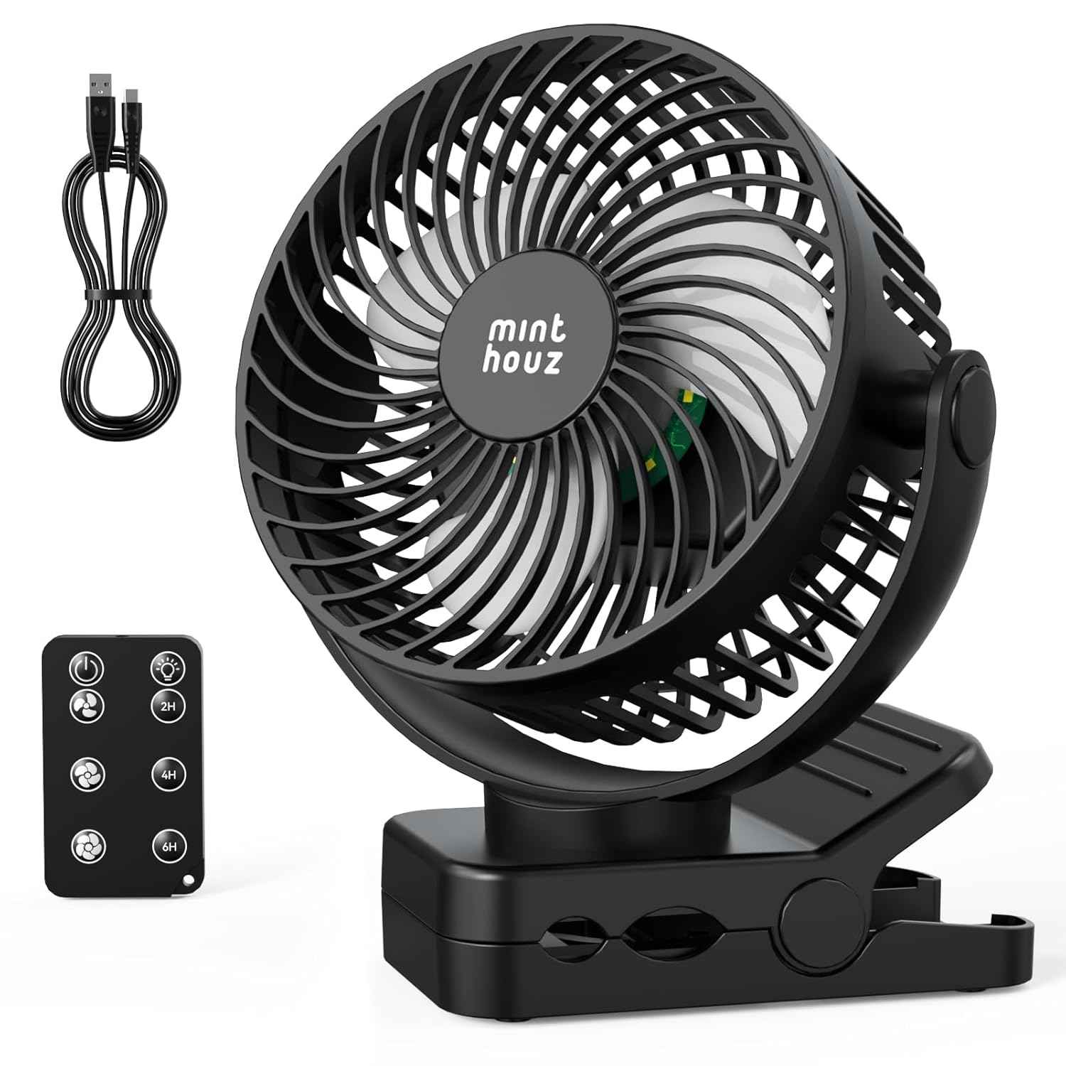 Minthouz Clip on Fan, 12000mAh Desk Fans, 360° Rotation Rechargeable Portable Fan with 45hrs Runtime - Quiet 3 Speeds, Wireless Remote, Timer, Input/Output Ports - Lightweight for Travel & Office